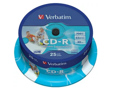 Verbatim  Диски CD-R 25 шт.   Printable InkJet, 52-x 700Mb, Cake Box (43439) фото в интернет-магазине Business Service Group