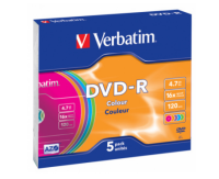 Verbatim  Диски DVD-R Verbatim 16-x, 4.7 Gb (Color, Slim Case, 5 шт) (43557)